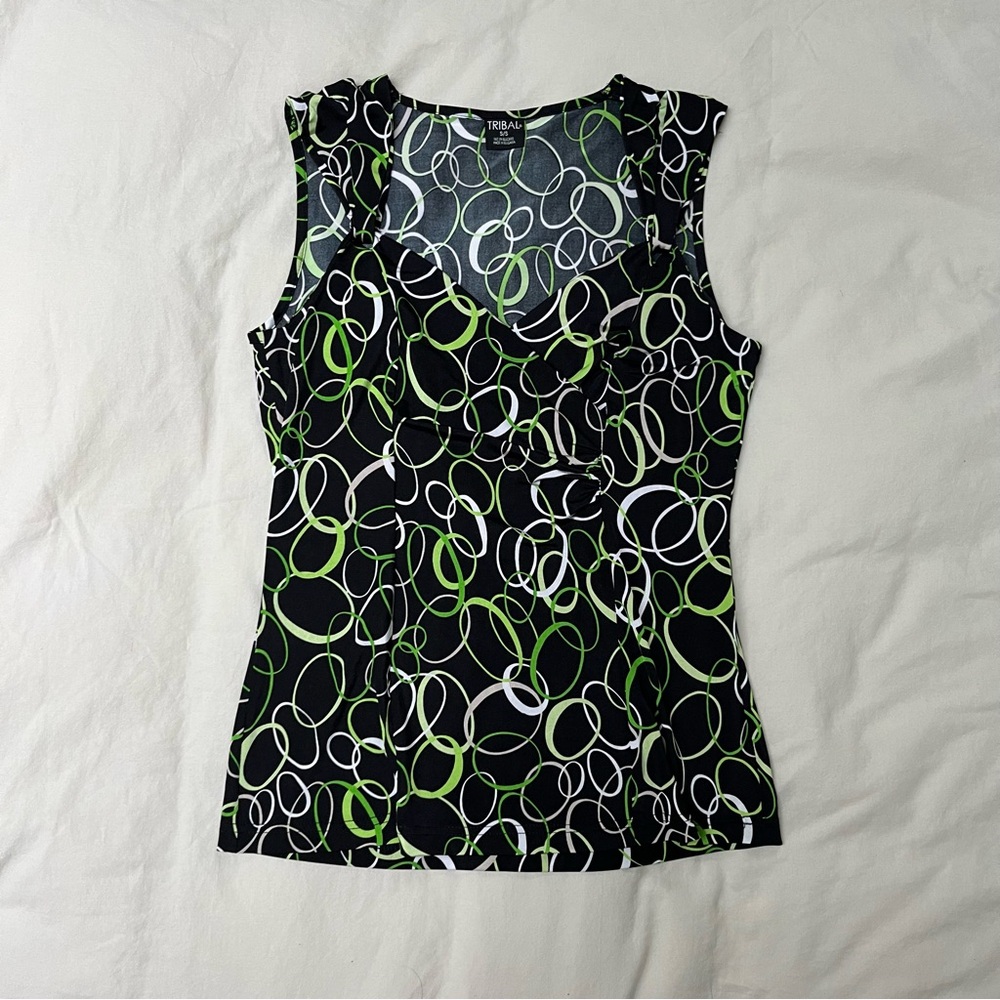 Y2K Tribal Circle Patterned Green and Black Top
